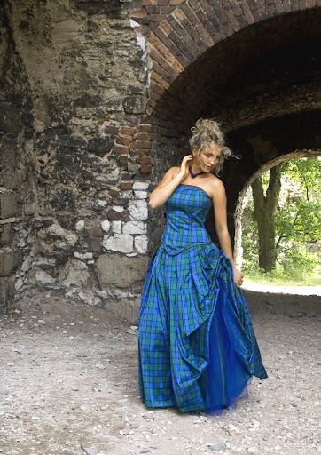 Synthia (Isla) Scottish wedding dress, made of tartan silk