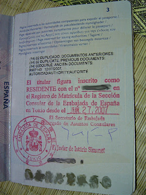 Pasaporte inscrito como residente en la Embajada de España en Japón
