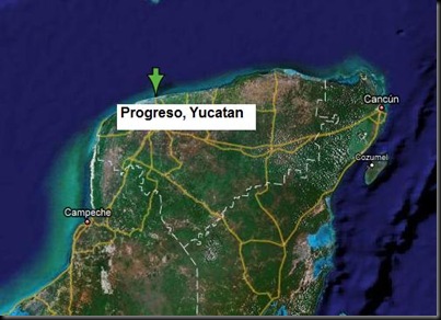 Progreso, onde vou passar o meu aniversário. À direita consegue ver-se a ilha de Cozumel
