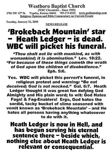 fred phelps, westboro baptist church picketing heath ledger funeral annoucement
