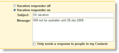 GMail Vacation Response Message Configuration Interface