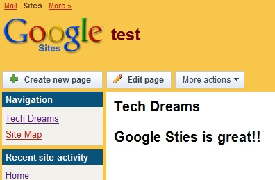 Test site created using Google sites