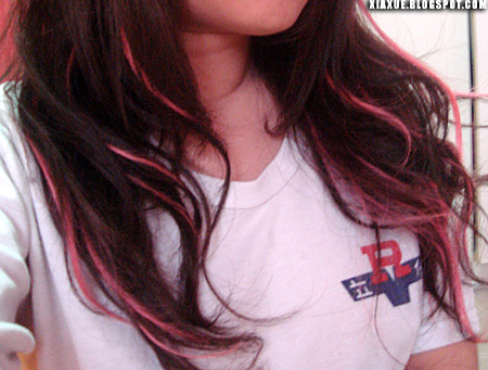 dark brown hair with pink