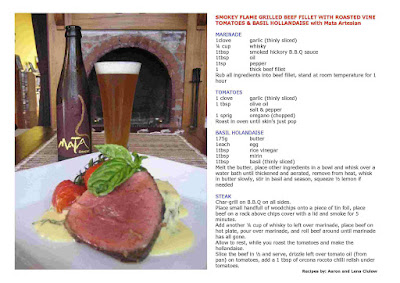 smokey flame grilled beef fillet with roasted vine tomatoes & basil hollandaise with mata artesian