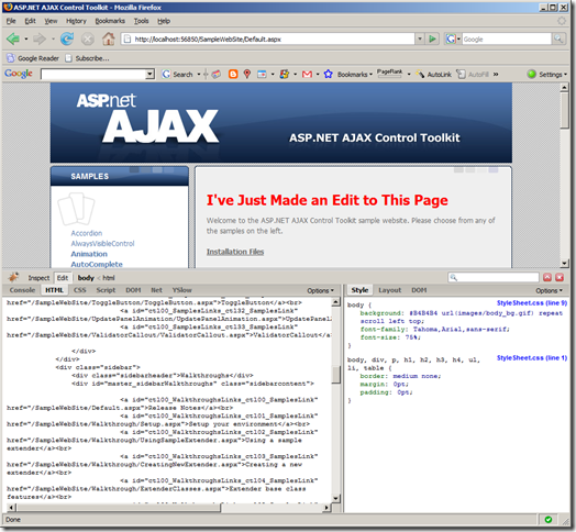 Screen shot of html editing