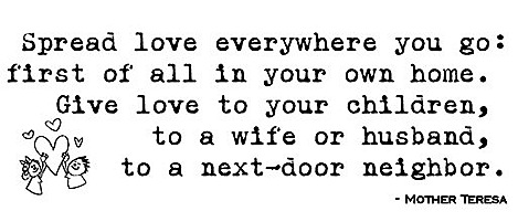 spread love everywhere you go: first of all in your own home. give love to your children, to a wife or husband, to a next-door neighbor. - mother teresa quote