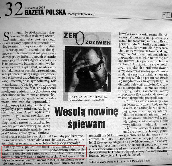 Rafał Ziemkiewicz, socjotechnika, 2 stycznia 2008, rubryka Zero Zdziwień w Gazecie Polskiej, felieton Wesołą Nowinę śpiewam