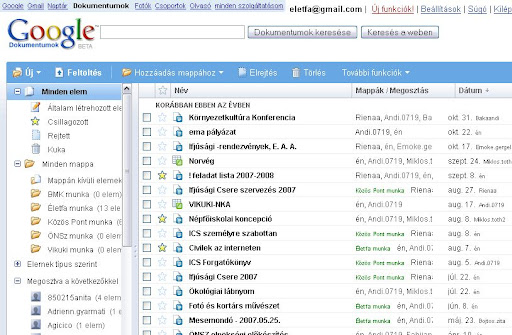 A Google Docs állomány és mappakezelő felülete. (http://docs.google.com)