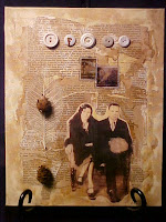 This piece is on 8"X10" canvas board backed by vintage dictionary pages.  This is actually the wedding picture of my great-grand parents.  I've used walnut inks, old books, and vintage buttons.  It is signed and has been sealed with a matte sealer.  Thank