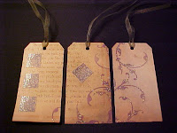 3 of 6 - These tags are made from cardstock with a fantasy theme.  A little glitter has been added and each has a moss green ribbon.  Size is 5 1/4" X 2 5/8".  They are blank on the back.