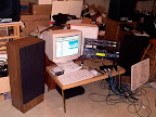 Makeshift studio setup in the basement for Naughty Butterspoon Fantasy Pants recording sessions... Gateway Pentium III system w/ Lexicon Core2 digital interface & MP100 daughterboard + Rack top to bottom: (2) ART Tube Channel preamps, BBE 362NR Sonic Maximizer, dbx DDP compressor, Carvin HT150 power amp driving Sony 3-way stereo speakers