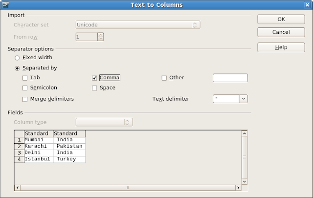 Screenshot: OpenOffice.org 2.4 Calc: Text to Columns menu