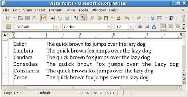 The Office 2007 / Windows Vista fonts shown in OpenOffice.org 2.3.1 on Linux