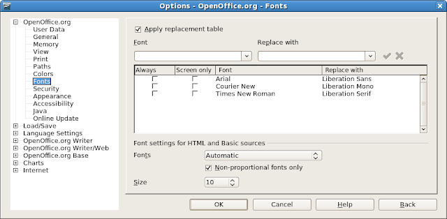 Font replacement table for OpenOffice.org 2.3.1 to use Liberation fonts instead of Microsoft Core fonts