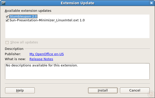 The new extension update dialog shows an extension with a display name, a publisher link, and a link to release notes.