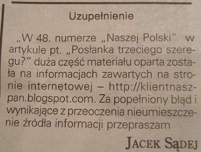 Sprostowanie, uzupełnienie artykułu Jacka Sądeja w tygodniku Nasza Polska